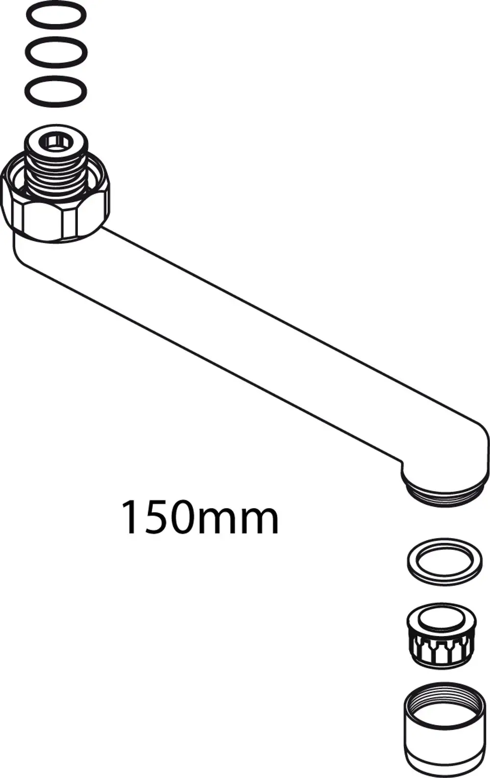 Rohrauslauf von Ideal Standard mit Anschlussgewinde und Dichtungen, dargestellt in einer technischen Skizze.
